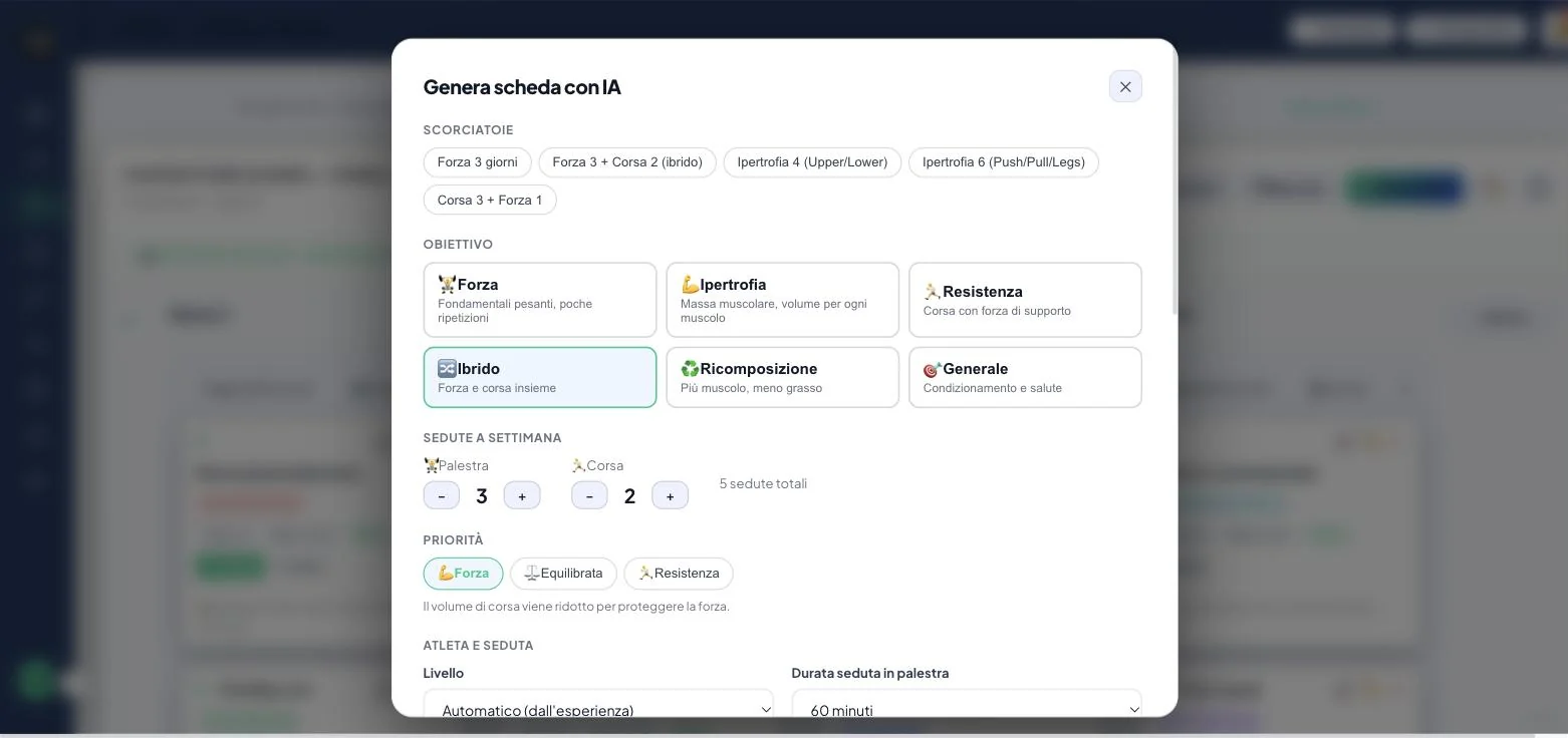 Wizard di DMPT per generare una scheda con IA: obiettivo, sedute, livello
